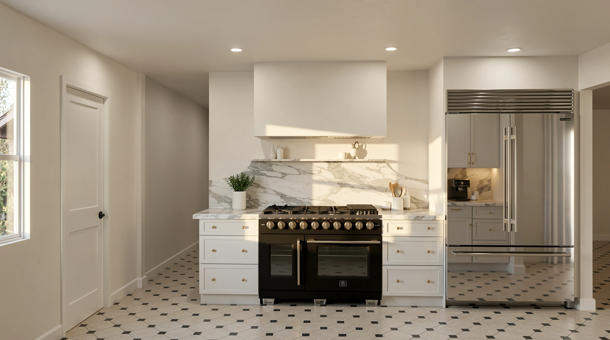 Cream kitchen concept showing the range wall, island and brass details