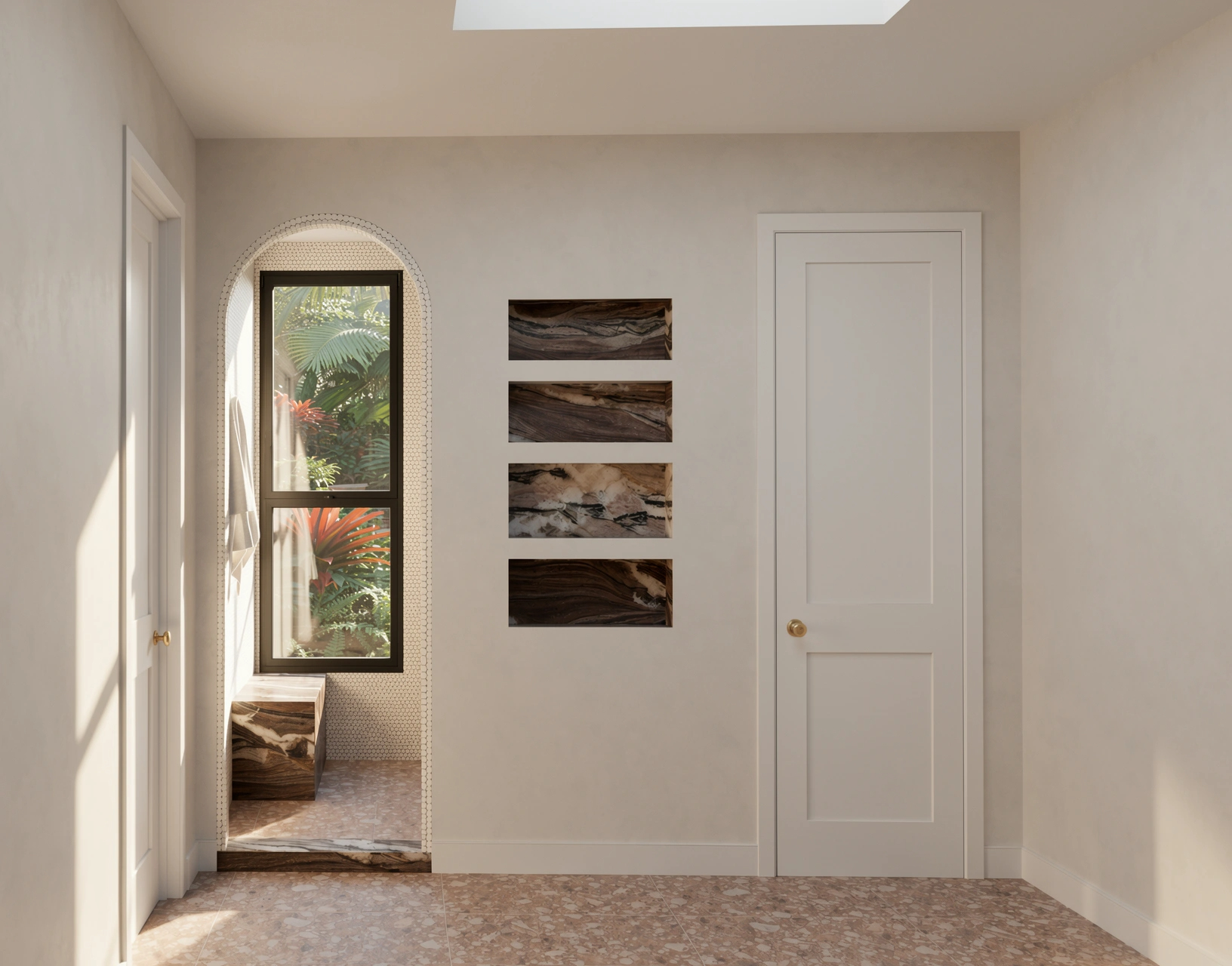 Primary-bath concept with archway, recessed display niche and door